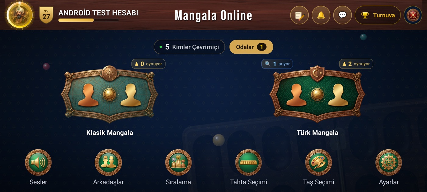 Türk Mangala çevrimiçi lobi ekranı
