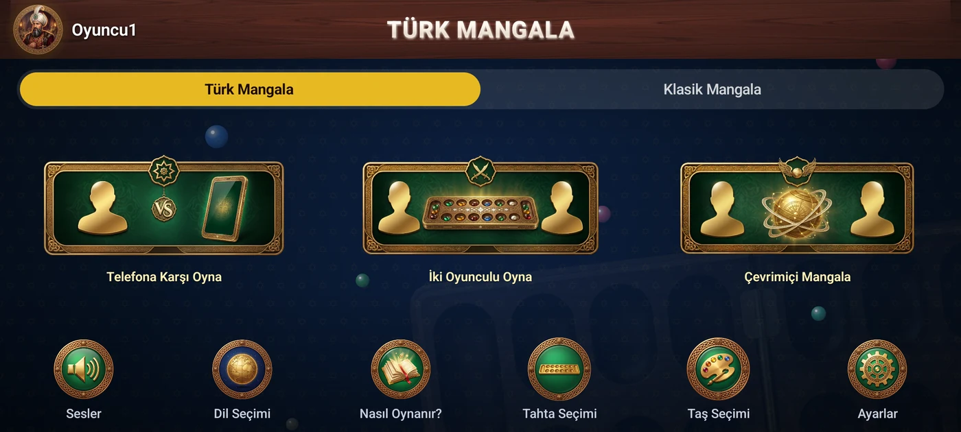 Türk Mangala ana menü — telefona karşı, iki kişilik ve çevrimiçi mod